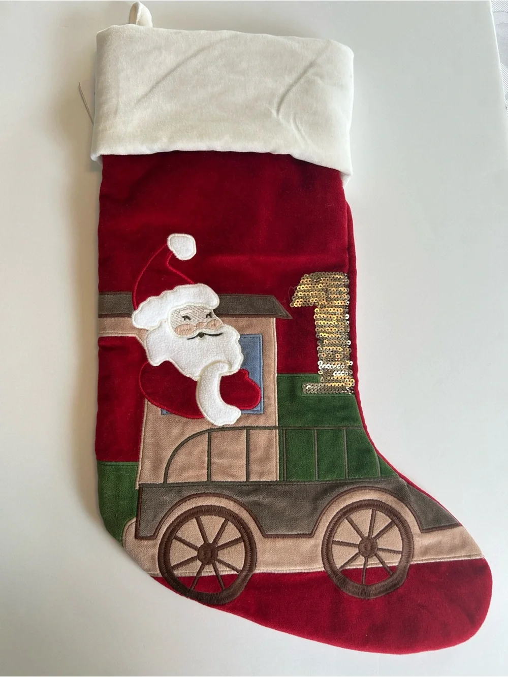 Pottery Barn Santa on Train Christmas Stocking Holiday
